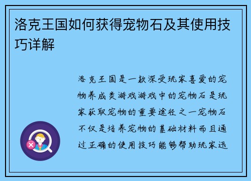洛克王国如何获得宠物石及其使用技巧详解