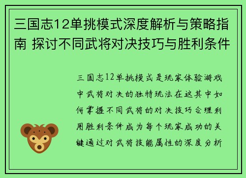 三国志12单挑模式深度解析与策略指南 探讨不同武将对决技巧与胜利条件